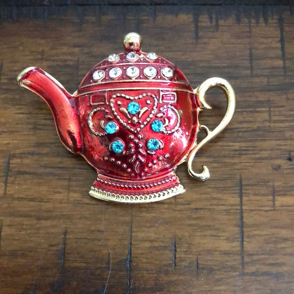 Red and Gold Teapot Brooch - Picture 1 of 2